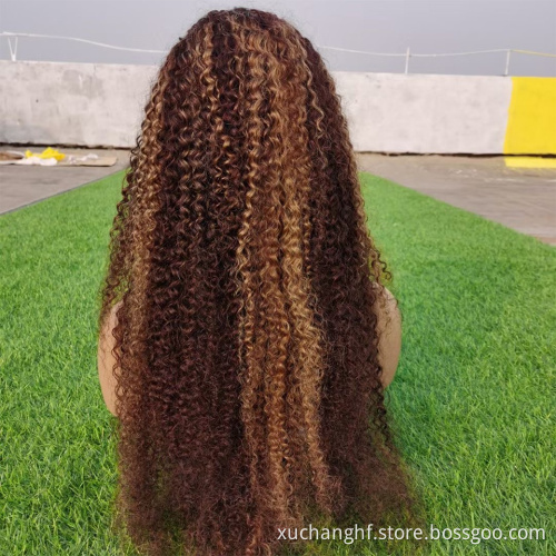 Highlight Honey Brown Color Kinky Curly Human Hair Lace Front Wig Virgin Brazilian Hair Highlight Wig Transparent HD Frontal Wig